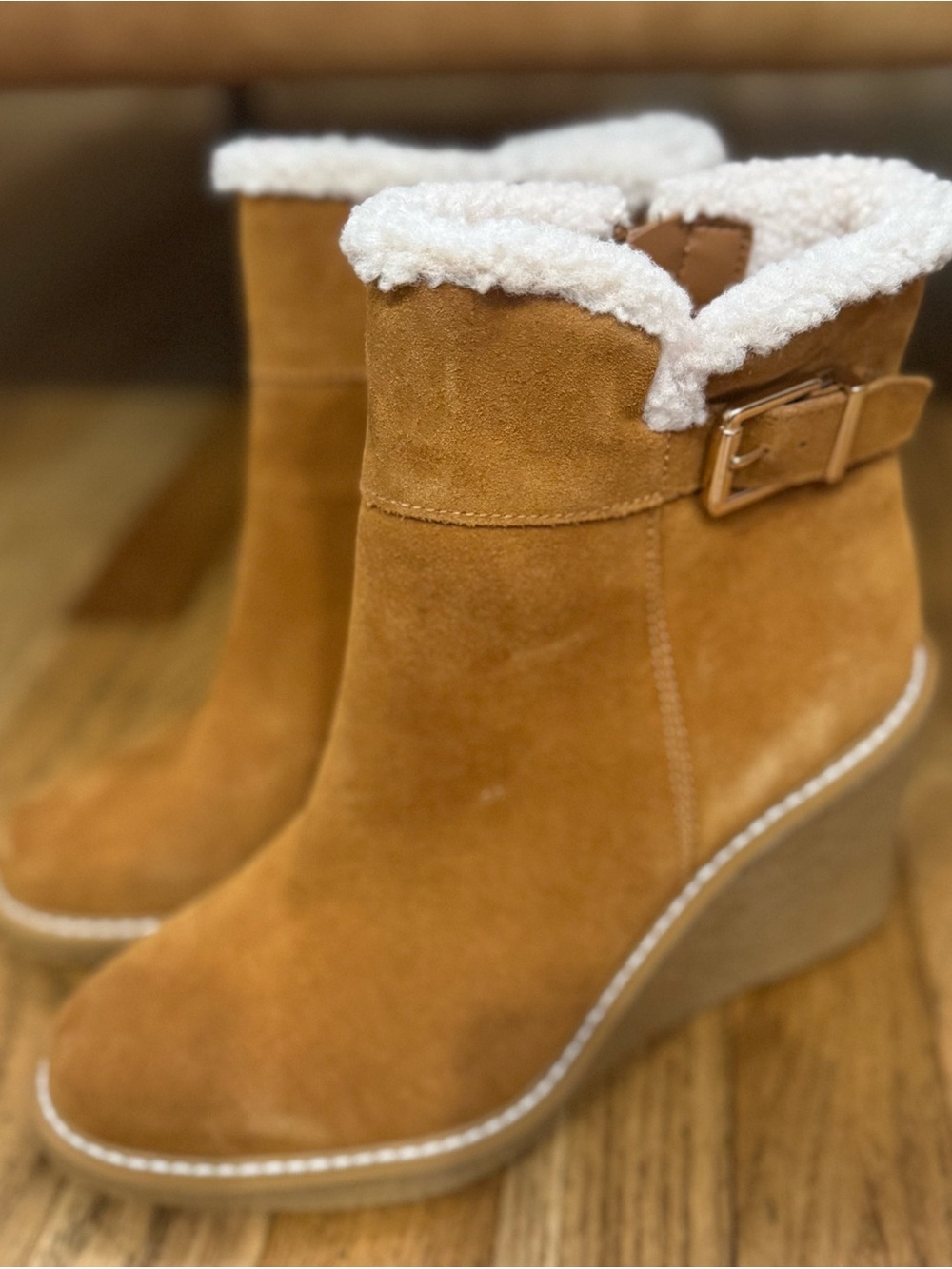 Sz 8.5 Franco Sarto - Suede Wedge Ankle Boots with Shearling Collar - Tan